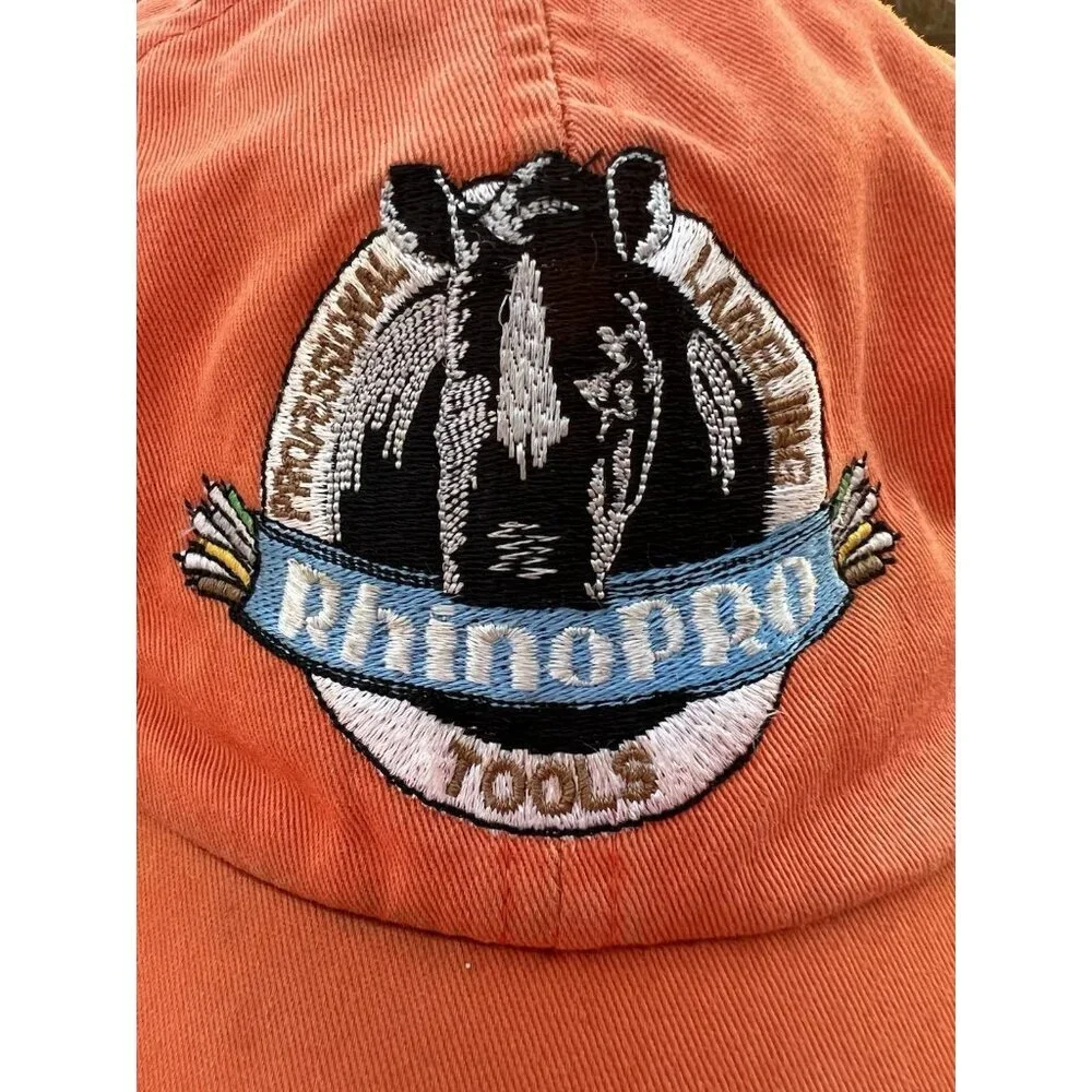 Vintage 80s Anvil RhinoPro tools orange embroidered adjustable cap thrashed